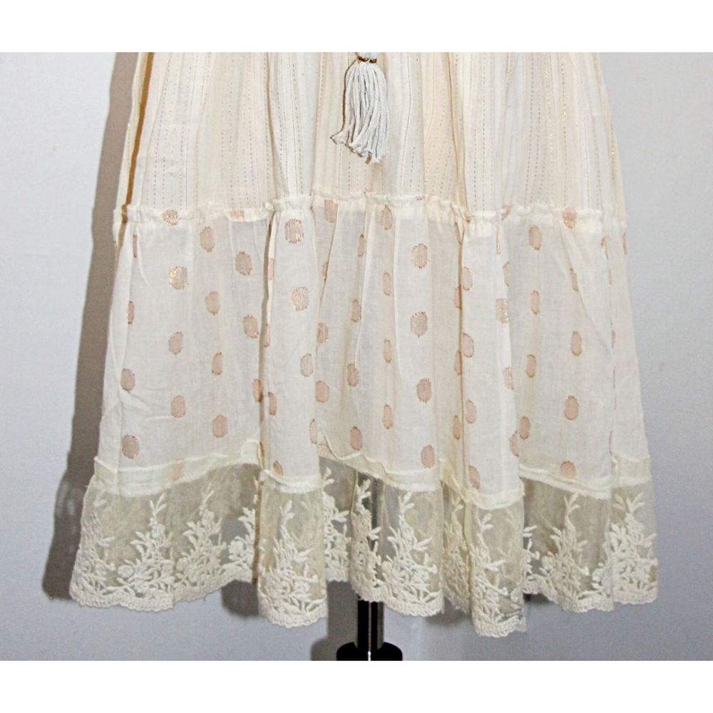Z&L EUROPE Tassels Lace Trim Tiered Airy-Cotton Mini Dress in Ivory-Gold sz L - Picture 4 of 4